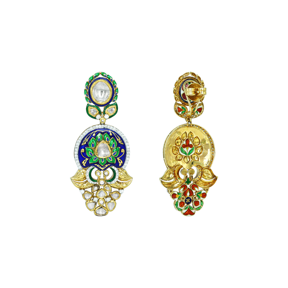 Polki Earrings with Blue-Green Enamel and Gold Accents
